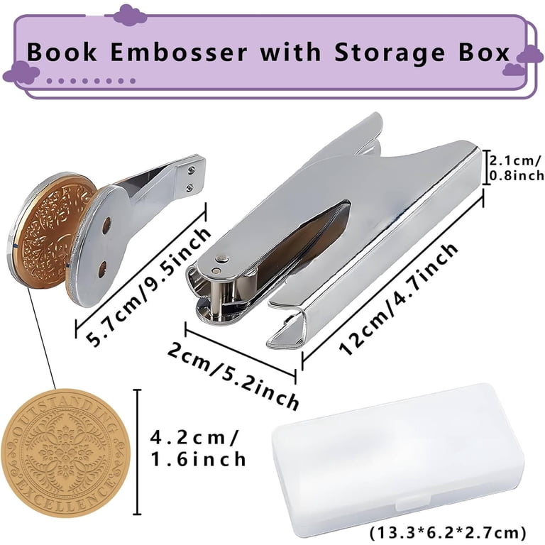 Personalized Initial Book Embosser Stamp - Silver Embossing Tool With Storage Box & 10 Gold Stickers For Wedding, Journals