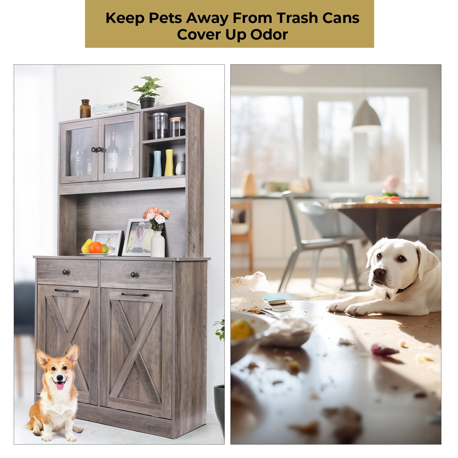 LAZY BUDDY Double Tilt Out Trash Cabinet 2 x 10 gal Solid Wood Hideaway Trash Holder Wooden Free Standing Recycling Cabinets Bin for Kitchen, Gray