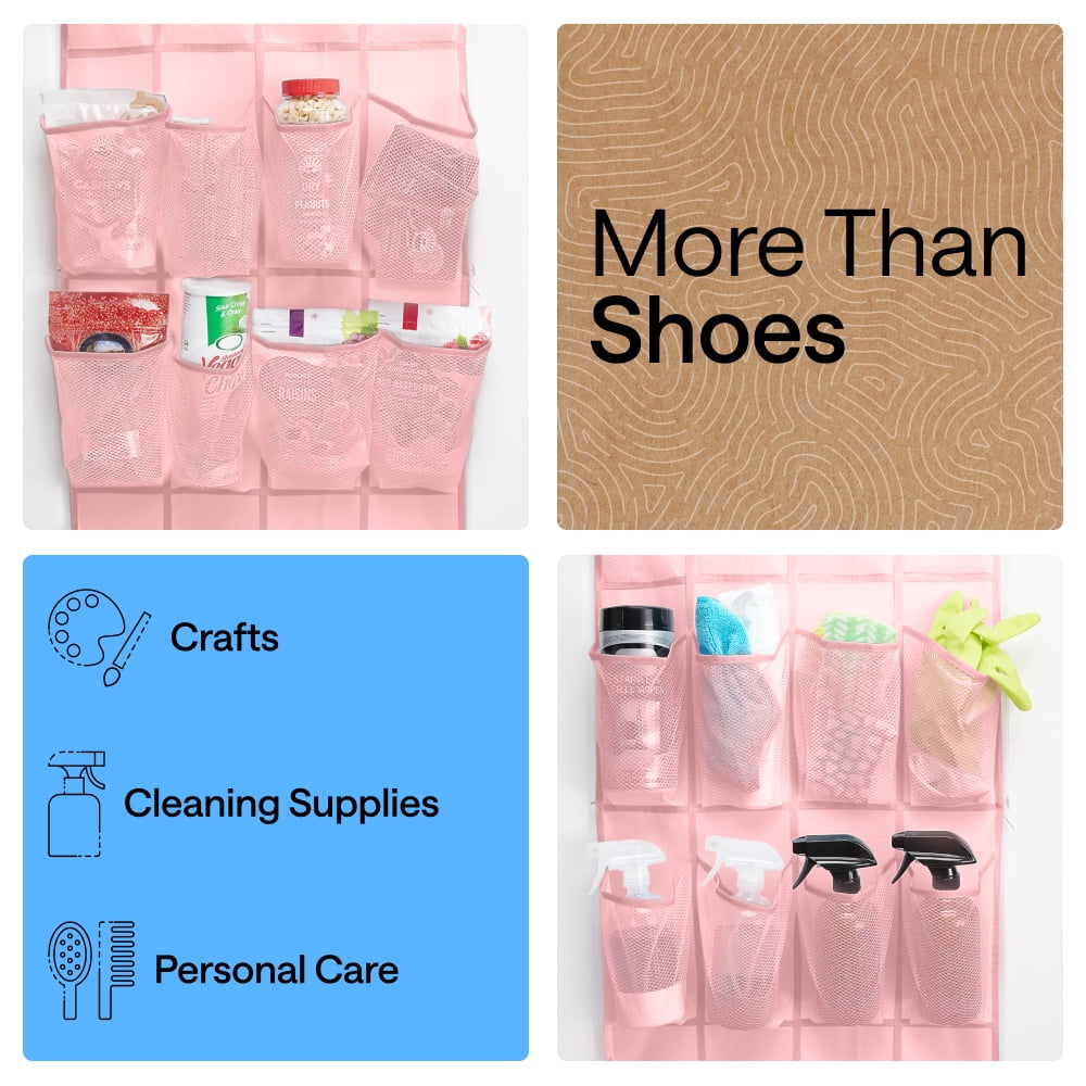 GORILLA GRIP 24 Pocket Over the Door Shoe Organizer, Mesh Pockets, Up to 40 Pounds, Hang on Doors, Light Pink
