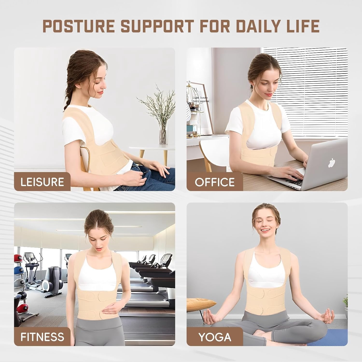 Back Brace Posture Corrector, Shoulder Straightener, Adjustable Full Back Support for Women and Men, Upper and Lower Back Pain Relief - Scoliosis, Spine Corrector, Beige - Medium