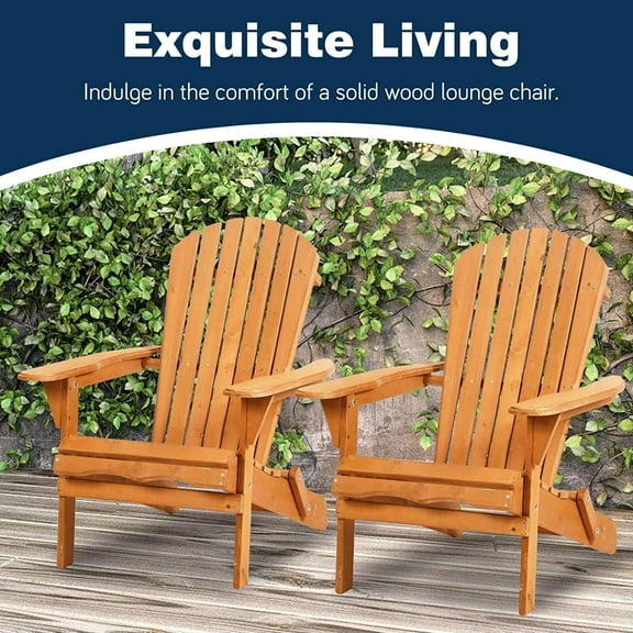 Adirondack Chair Set of 2 Folding Outdoor Patio Chairs All Weather Resistant Chair, Solid Wooden Accent Lounge Chairs w/Arms, Widely Used in Fire Pit Deck Garden Campfire Chairs, Natural, Yellow