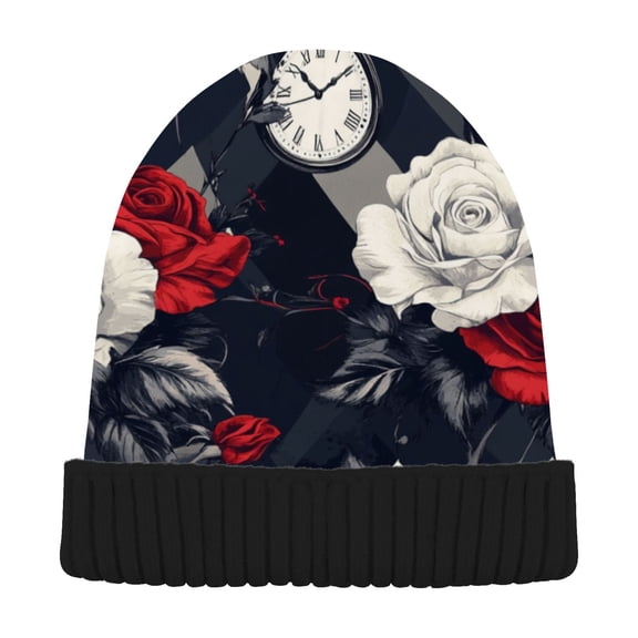 BZSMCE Winter Beanie Hats Warm Cozy Cap Classic Rose & Time Pattern