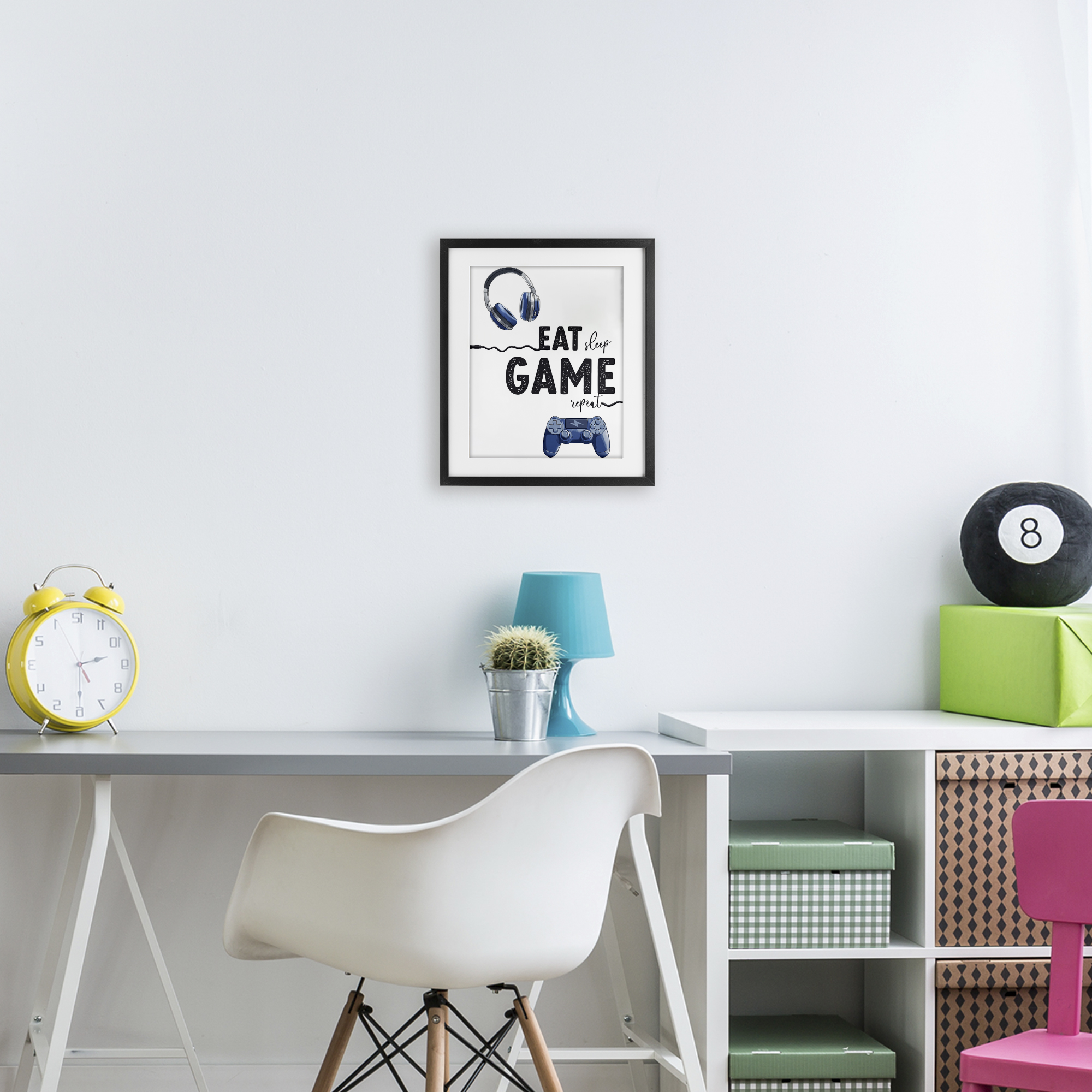 Eat Sleep Game Lifestyle Black Framed Print Under Glass, design by Christine Simpson Art