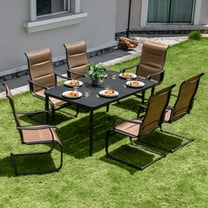 Nuu Garden 7PCS Outdoor Heavy Duty Metal Dining Set, 6 C-Spring Motion Padded Textilene Chairs and 1 Rectangle with Umbrella Hole, Weather Resistant Patio Dining Set, Black and Brown