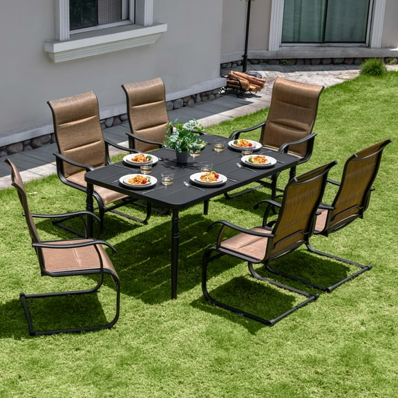 Nuu Garden 7PCS Outdoor Heavy Duty Metal Dining Set, 6 C-Spring Motion Padded Textilene Chairs and 1 Rectangle with Umbrella Hole, Weather Resistant Patio Dining Set, Black and Brown