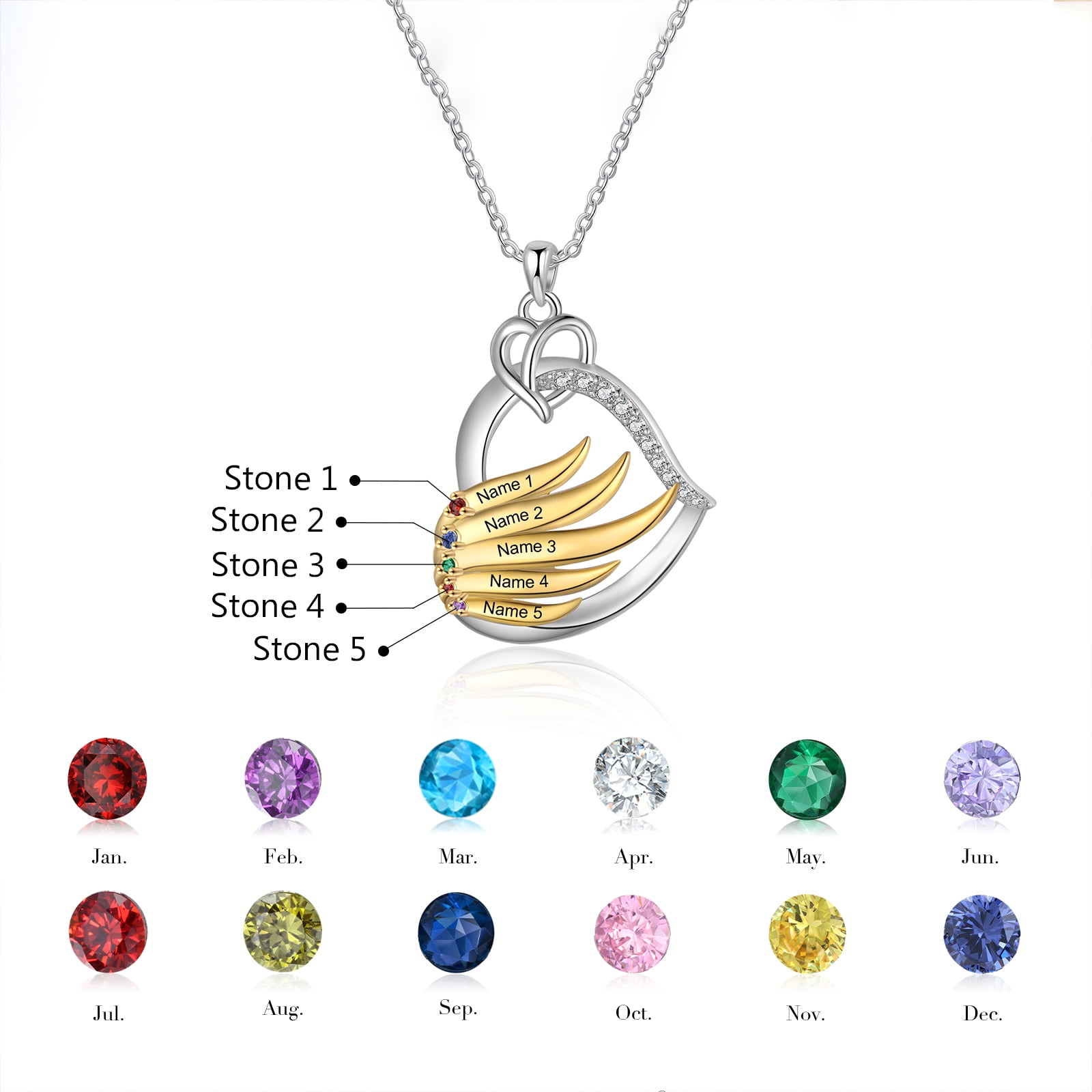 Mementos Personalized Brass Family Necklace for Women(Mom) with 5 Birthstone Name-Rhodium Plated