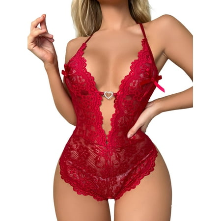 

Enjiwell Sexy Womens Lace Floral Babydoll Crotchless Lingerie Leotard Sleepwear Nightwear