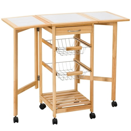 Enclosed Drop Leaf Cart - Costway Portable Rolling Drop Leaf Kitchen Storage Tile Top wooden Drawers Trolley Cart