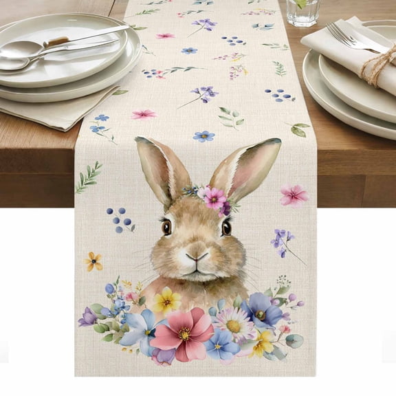 Bunny Easter Table Runner - 90 Inch Long, Kitchen Dining Table Runner Dresser Scarves, Spring Floral Pastoral Rabbits Rustic Farmhouse Decor for Coffee Tables Wedding Party Banquet