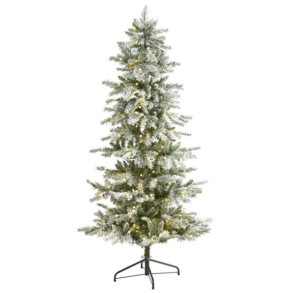 Nearly Natural 6.5' Slim Spruce Flocked Artificial Christmas Tree Prelit 300 Warm White LED Lights