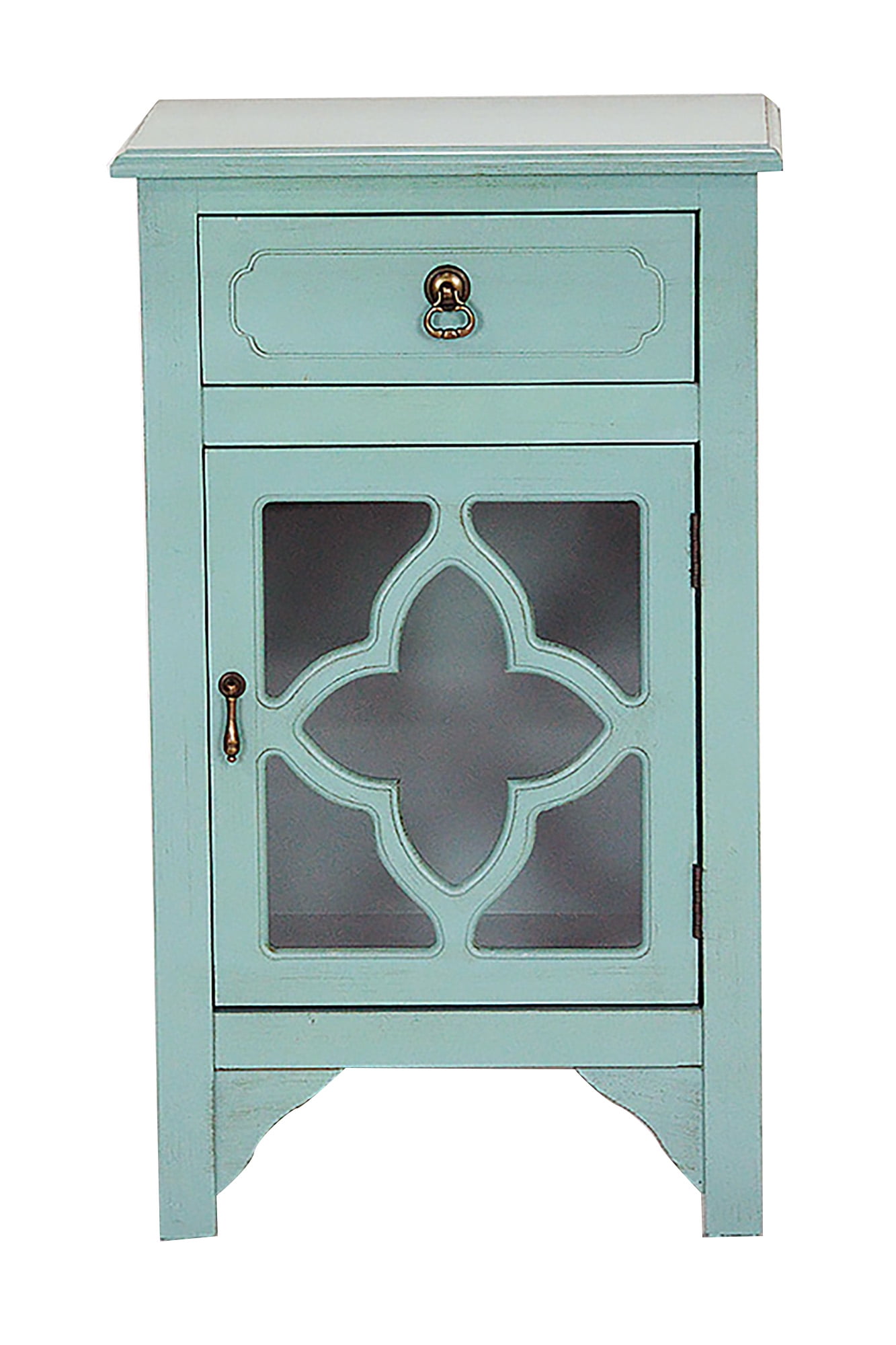 Turquoise Wood Clear Glass Accent with a Drawer, a Door & Mirror Inserts