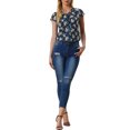 thumbnail image 2 of Unique Bargains Women's Ruffle V Neck Cap Sleeve Chiffon Floral Blouse Top S Dark Blue, 2 of 6
