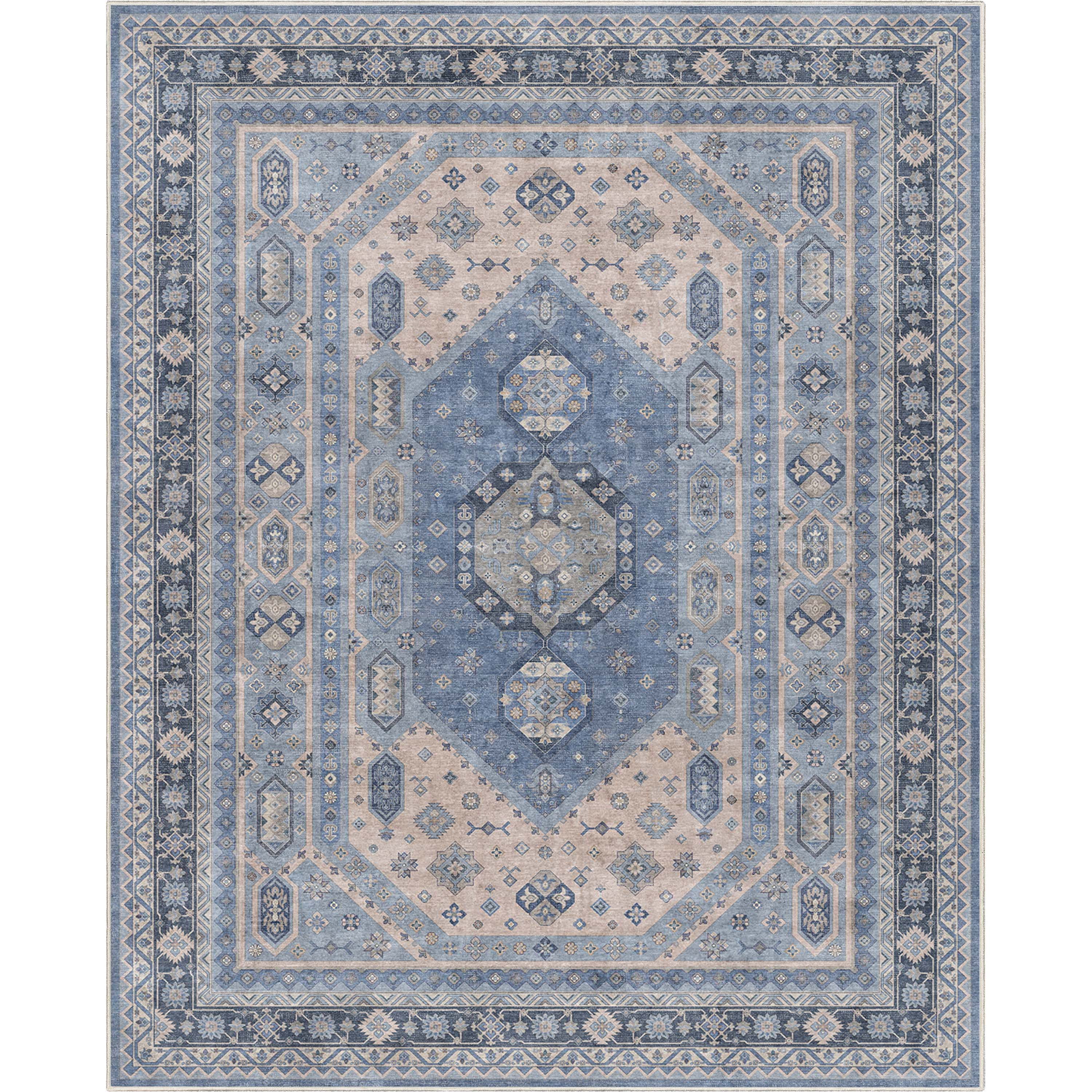 Well Woven Apollo Nicosia Vintage Medallion Blue Flat-Weave Easy to Clean 7'7" x 9'10" Area Rug