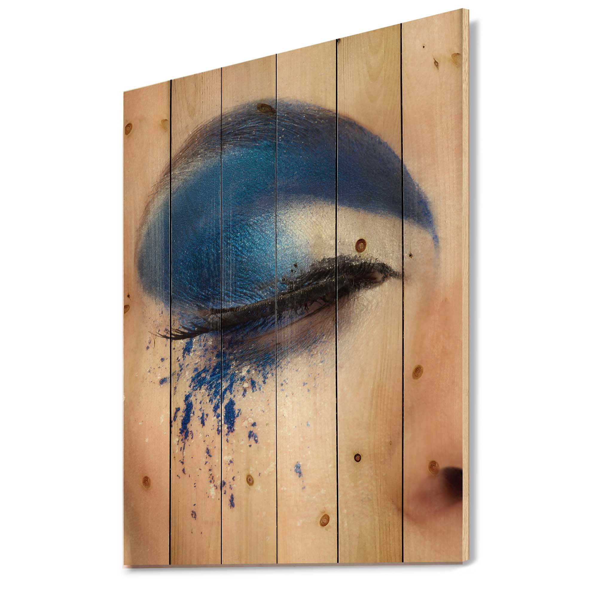 Designart 'Closed Woman Eye With Blue Fantasy Make Up' Modern Print on Natural Pine Wood