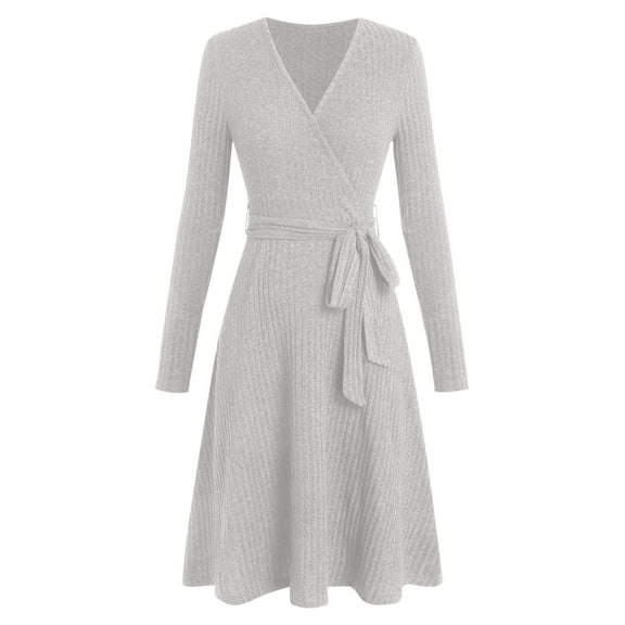 Ribbed Knit Midi Dresses for Women V Neck Long Sleeve A-Line Dress Bodycon Slim Fit Skirts with Belt Casual Brushed Fabric Clothes Fall Winter Outfits Trendy Wear