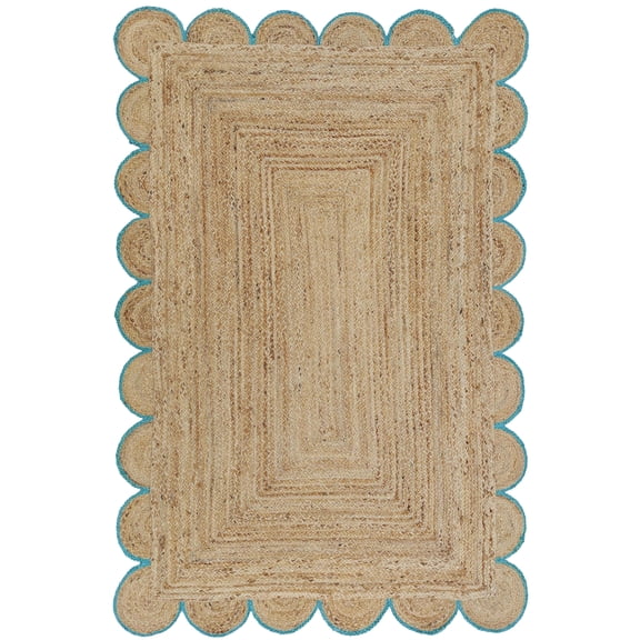 Rectangular Area Rug For Home And Living Room Décor Scalloped Natural Jute Floor Carpet Area Rug Teal 2'6" x 16' BY KALVEERA