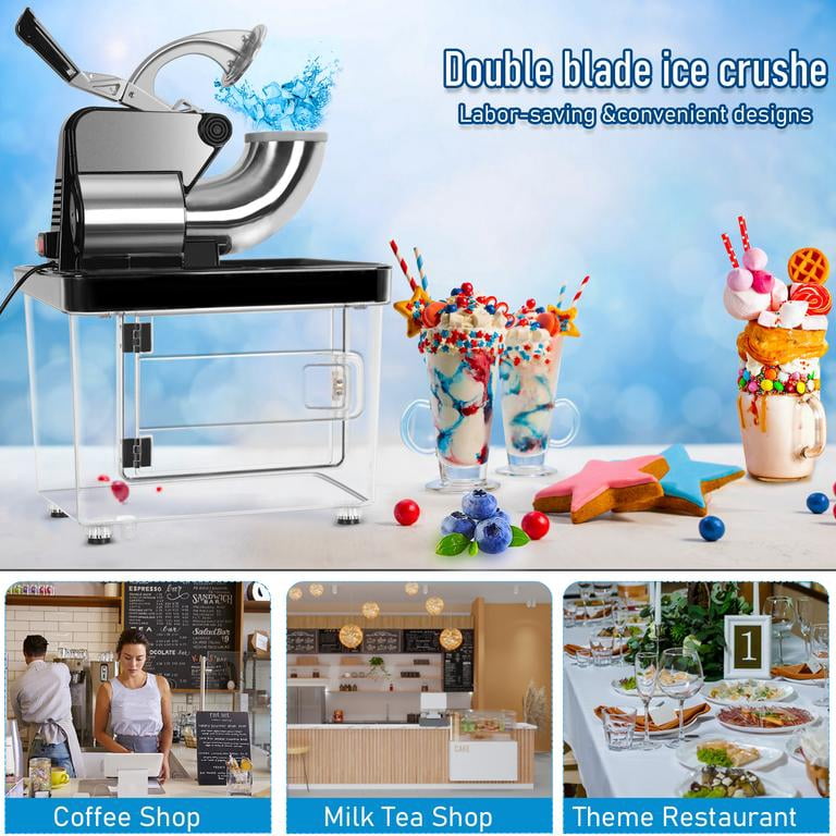 Commercial Ice Crusher 350W, Dual Blades Snow Cone Machine with 300kg/h Capacity, Stainless Steel Hopper for Restaurant Bar Home Use