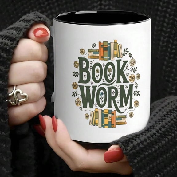 1pc BOOK WORM Mug Large 11oz Ceramic Coffee Cup With Book Stack Design Green Letters Floral Accents Library Office Home Decor Bibliophiles Readers Tea