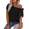 thumbnail image 4 of RRMuAzgs Crochet Knit Top for Women Ruffle Solid Color Off the Shoulder Blouses Summer Beach Vacation Clothes, 4 of 9