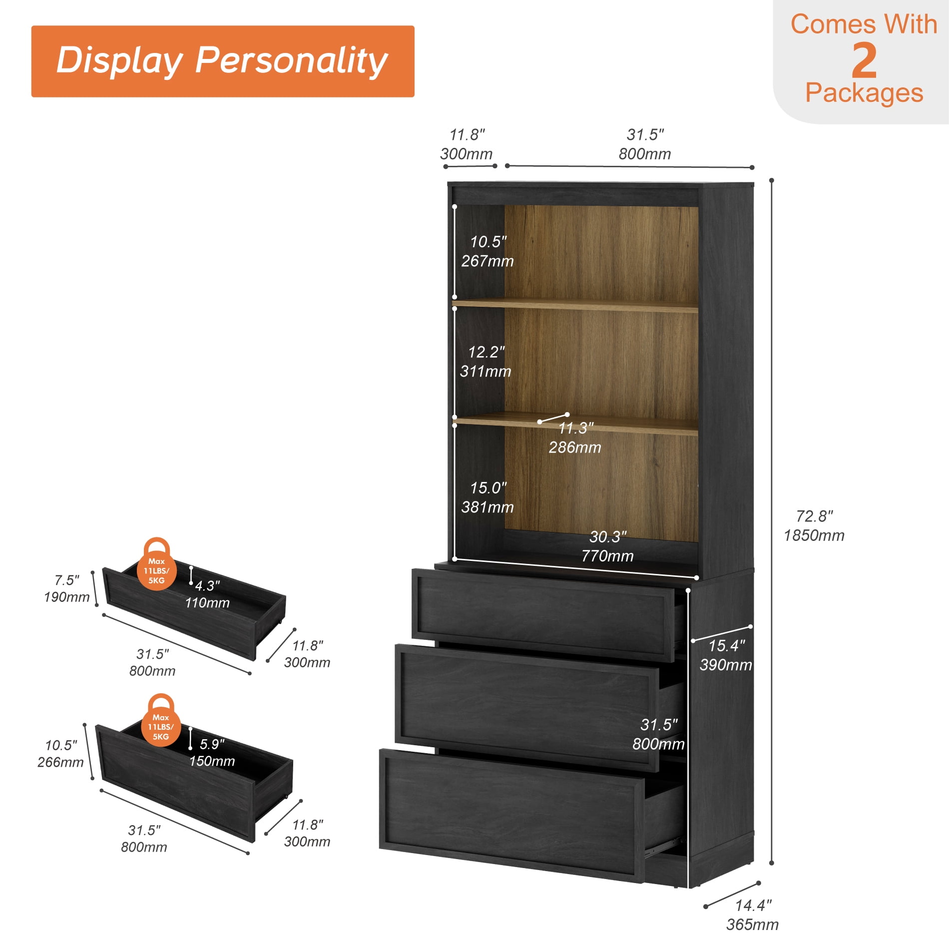 Modern 72" Tall Bookshelf with 3 Drawers and Open Book Shelves,Wood Freestanding Book shelf for Home Office, Living room,Black
