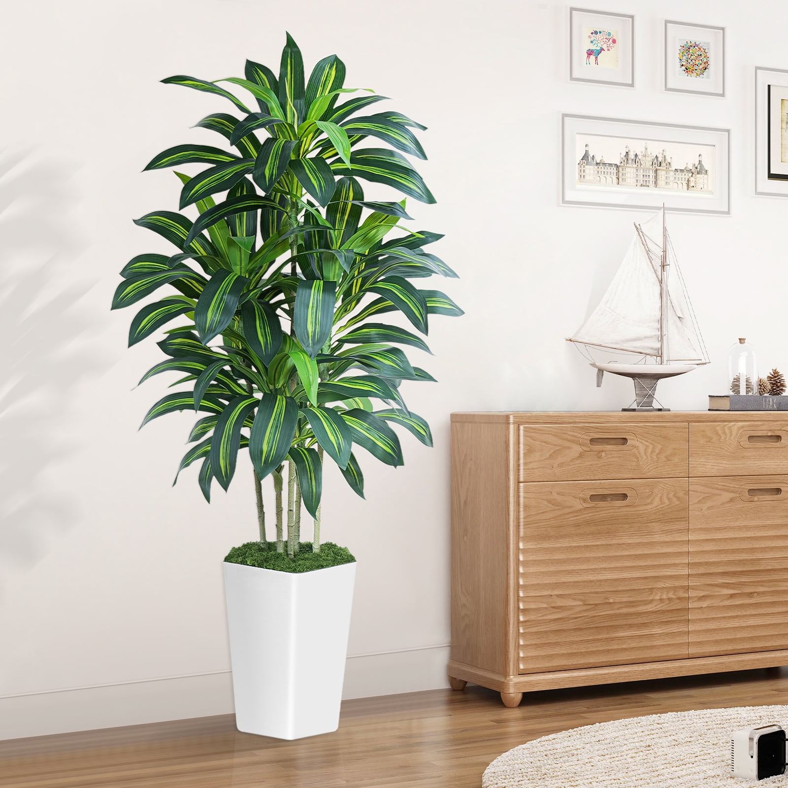 Keeplush 5FT Artificial Dracaena Tree with White Tall Planter - High-Density Silk Faux Yucca Fake Tree for Indoor Home Office Decor, Large Tall Artificial Floor Plant (150cm/5ft)