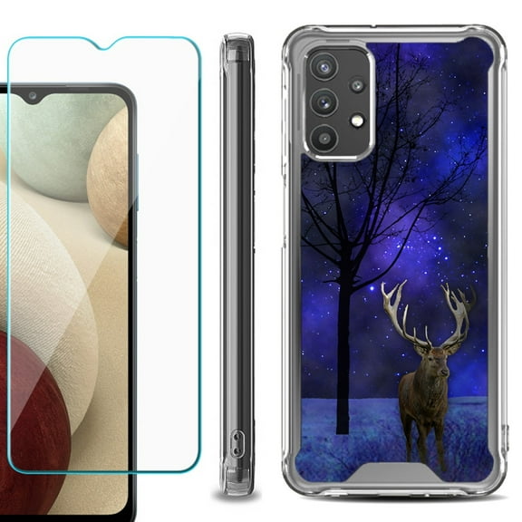 Shockproof Bumper Phone Case for Samsung Galaxy A32 5G, with Tempered Glass Screen Protector, by OneToughShield ® - Midnight Deer