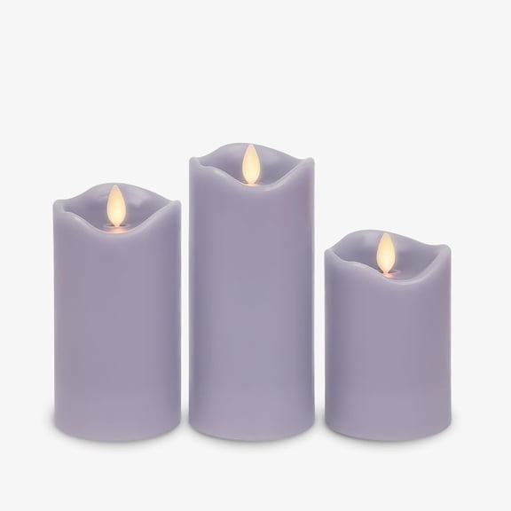 by Luminara Set of 3 (3" x 4.5",5.5",6.5") Flameless LED Flickering Battery Candle Moving Flame Pillar, Melted Edge, Real Wax Smooth Finish (Pastel Purple)