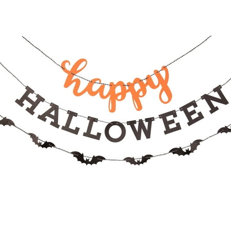 Happy Halloween Banner and Bat Garland Set, Orange and Black, 3pcs