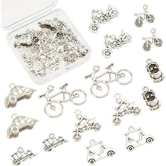 1 Box 48Pcs 8 Styles Bicycle Charms Alloy Pendants Bike Motorcycle Car Tour Bus Train Charm Kit Silver Transportation Pendant for Jewelry Making Charms DIY Necklace Bracelet Earring Crafting Silver