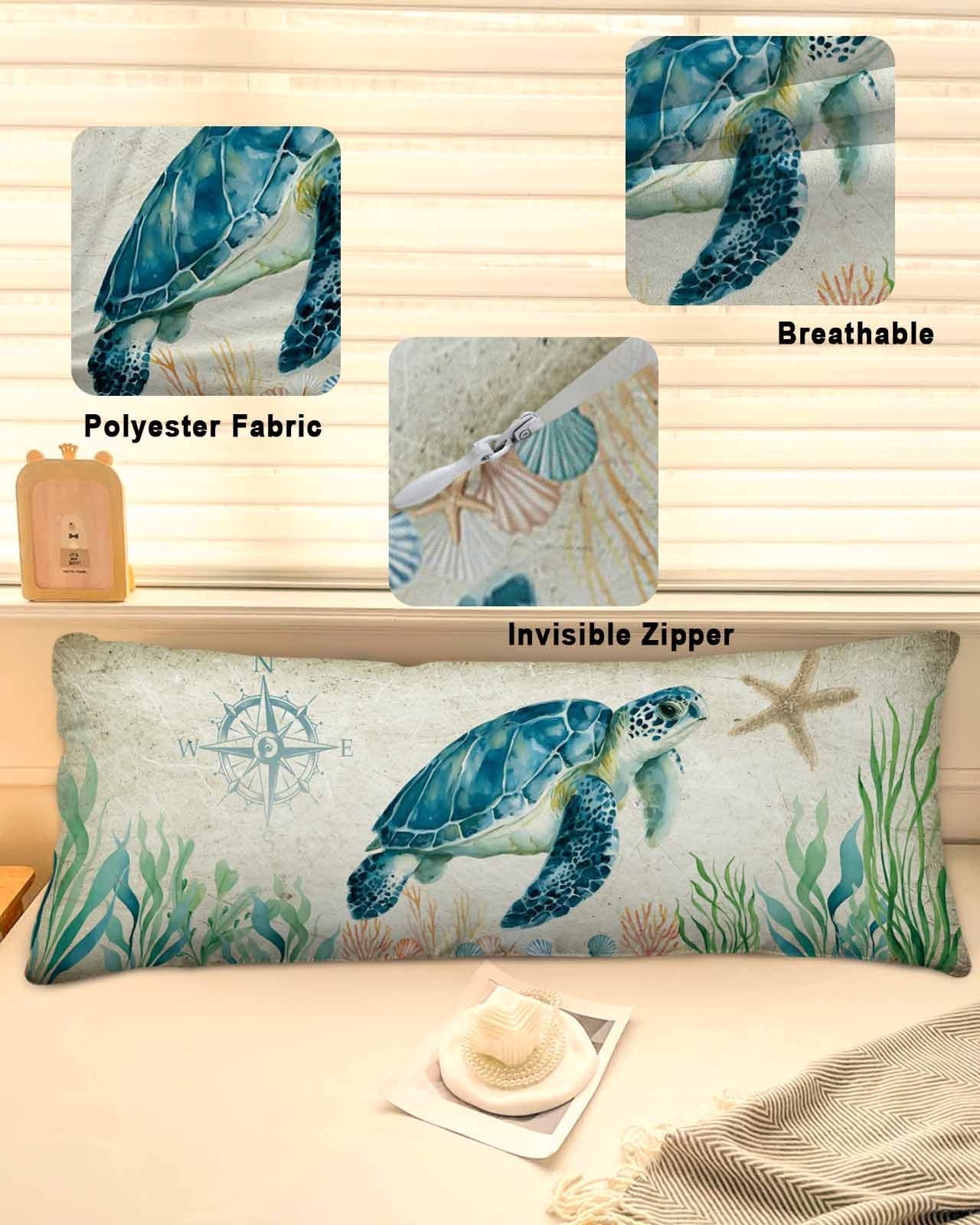 Ocean Turtle Body Pillow Cover 20 x 54 Inch Decorative Pillow Cover Coast Starfish Compass Coral Green Seagrass Lumbar Pillowcase Seasonal Rectangle Cushion Case for Couch Sofa Bed Living Room