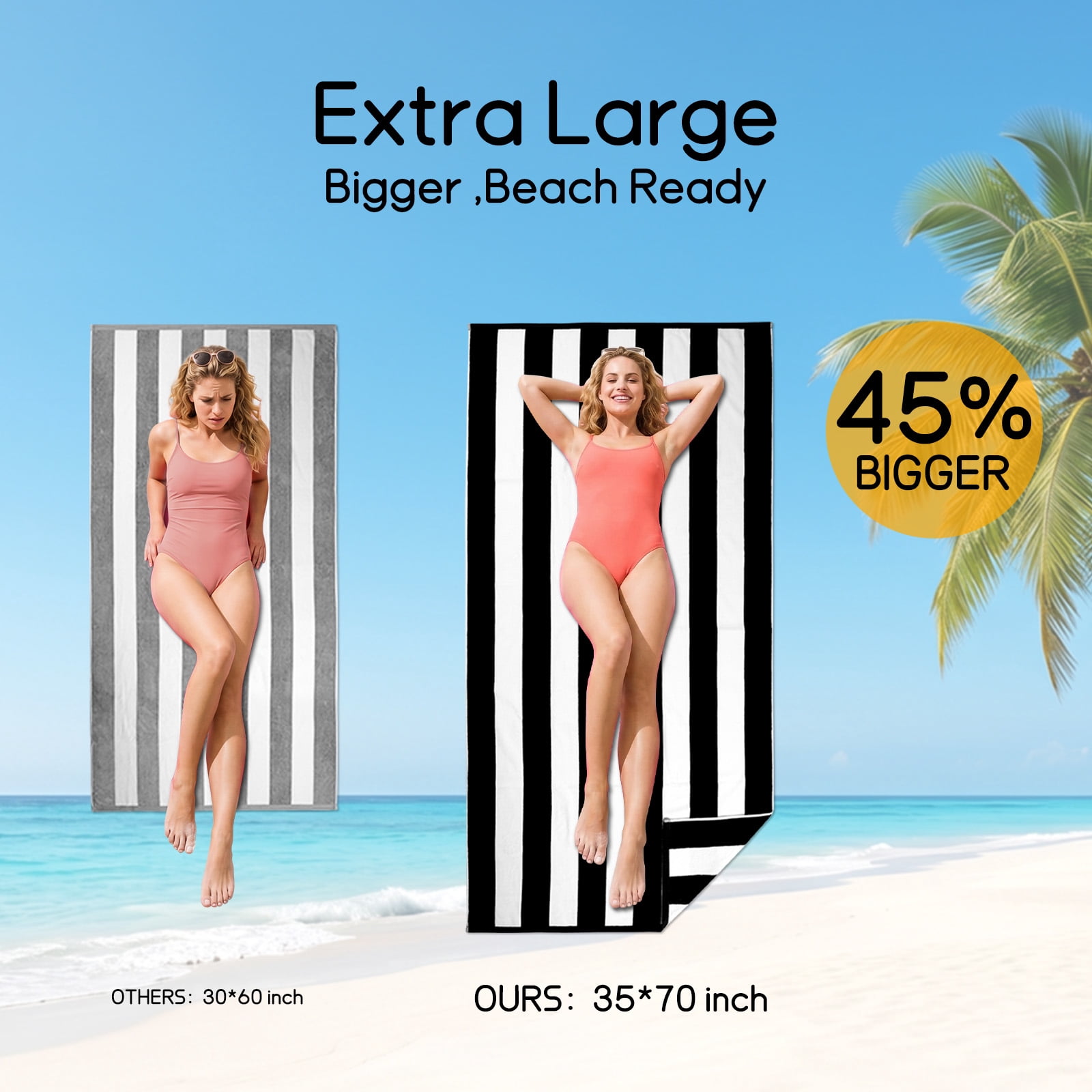 Ouxiaobai Cotton Oversized Beach Towel - 35 x 70 Inch Large Size Pool Towel, Striped Cabana Swim Towel