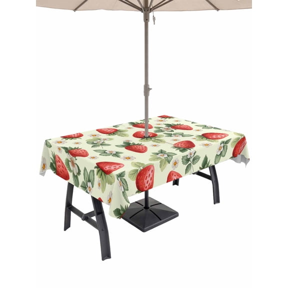 Outdoor Tablecloth with Umbrella Hole for Patio/Picnic/Party/Camping, Red Strawberry Waterproof Table Cloth Rectangle Table Cover Washable, Summer Fruits Farmhouse Leaves Flower Pastoral (52"x 70")