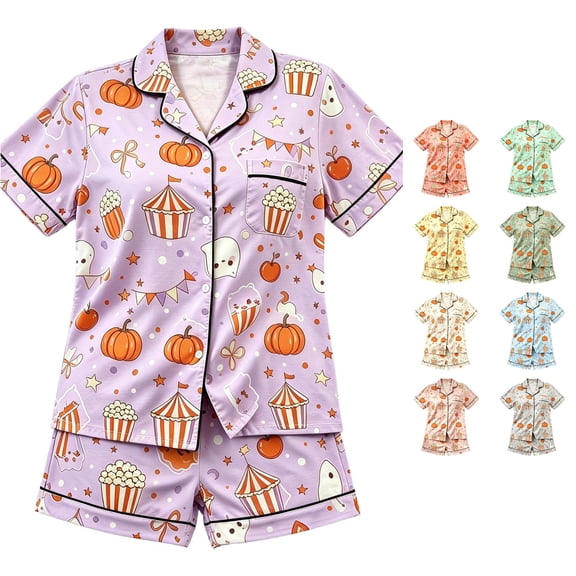 Gunia Teen Girls Halloween Pajamas Pumpkin Graphic 2 Piece Spring Fall Casual Lapel Button Up Short Sleeve Tops And Shorts Home Wear Pjs Loungewear Purple 12-13 Years