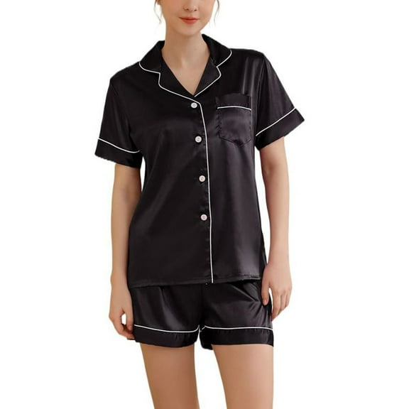 Women's Short Sleeve Shorts Set 2 Piece Button Up Spring Lightweight Pjs Silk Pajama Set Summer Sleepwear Soft Silky Comfy Black 12