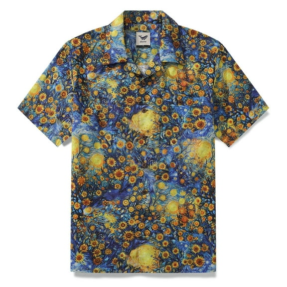 YIUME 1960s Vintage Hawaiian Shirt For Men Van Gogh Sunflower Shirt Camp Collar 100% Cotton