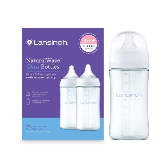 Lansinoh Anti-Colic Glass Baby Bottles, Extra Slow (XS) Flow Nipples, 0–1 month, 8 oz, 2ct