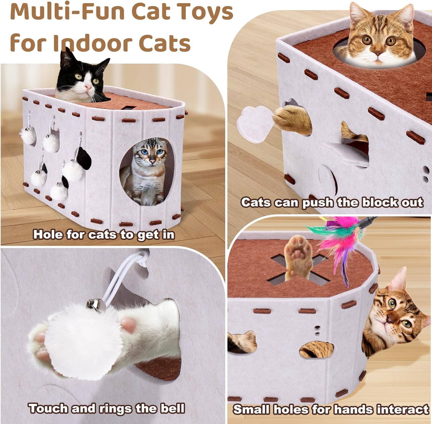 Cat House for Indoor Cats, Foldable Felt Bed Cave with Tunnel & Cat Ball Toy, Large Cat Bed Up for Play, Soft & Warm Cat Beds & Furniture for Indoor Kitten Adult Cats