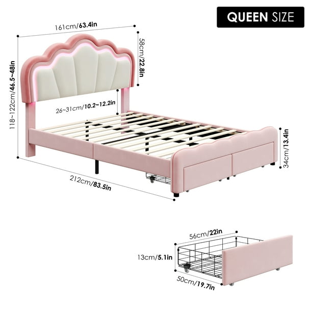 Homfa Queen Size LED Bed Frame with Drawer, Velvet