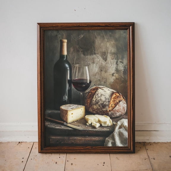 Rustic Wine And Cheese Poster, French Countryside Kitchen Wall Art, Still Life Food Print, Red Wine & Bread Decor, Cozy Dining Aesthetic UNFRAMED Poster, Wall Art for Decor, Present, 8x12