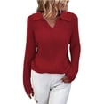 thumbnail image 4 of Suéter de otoño e invierno con solapa de color sólido, suéter ajustado, suéter de punto con cuello en V para mujer, 4 of 6