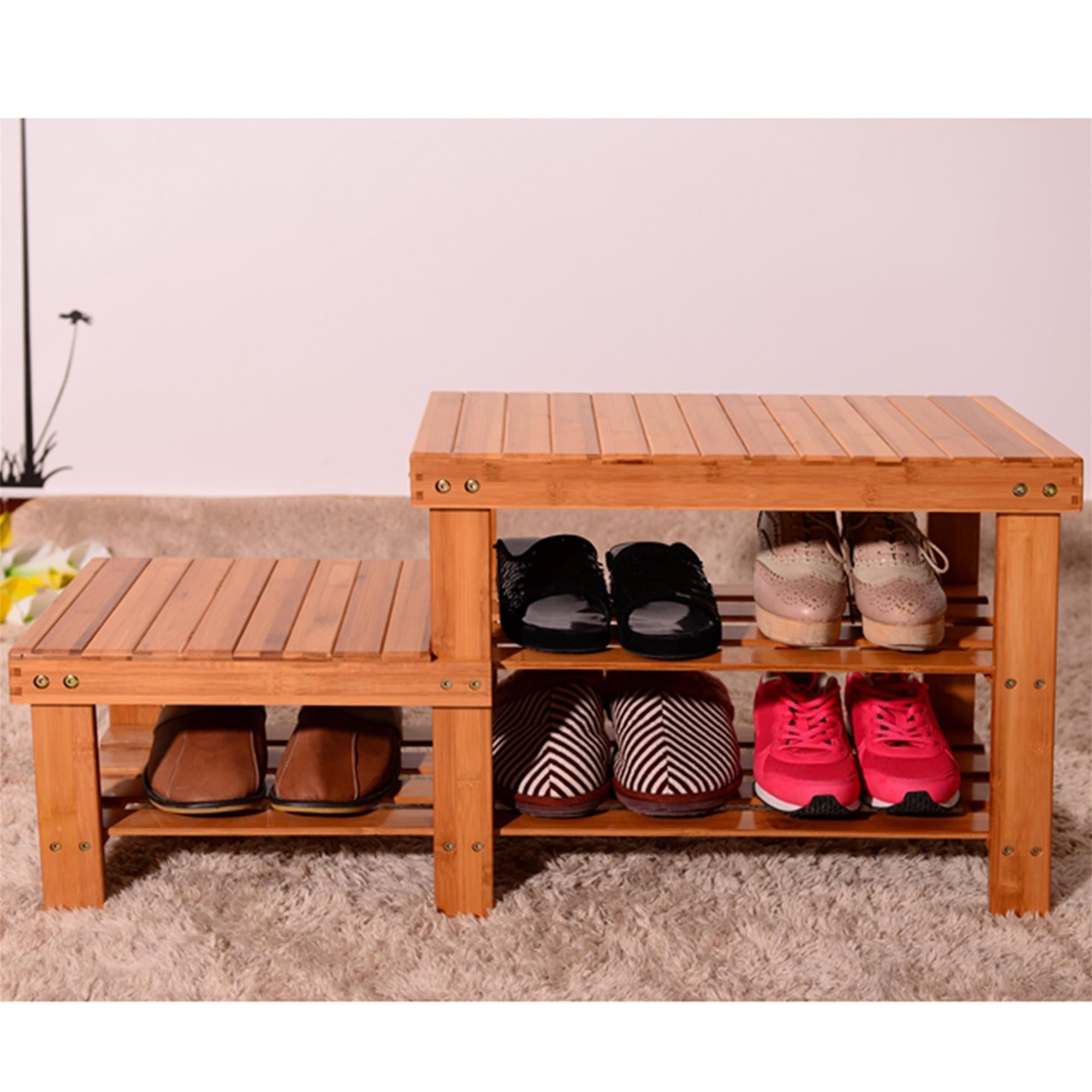 Private Jungle 36" Bamboo Stool Shoe Rack, Shoe Bench for Kids, Shoe Rack Bench with Boots Compartment, Wood Color