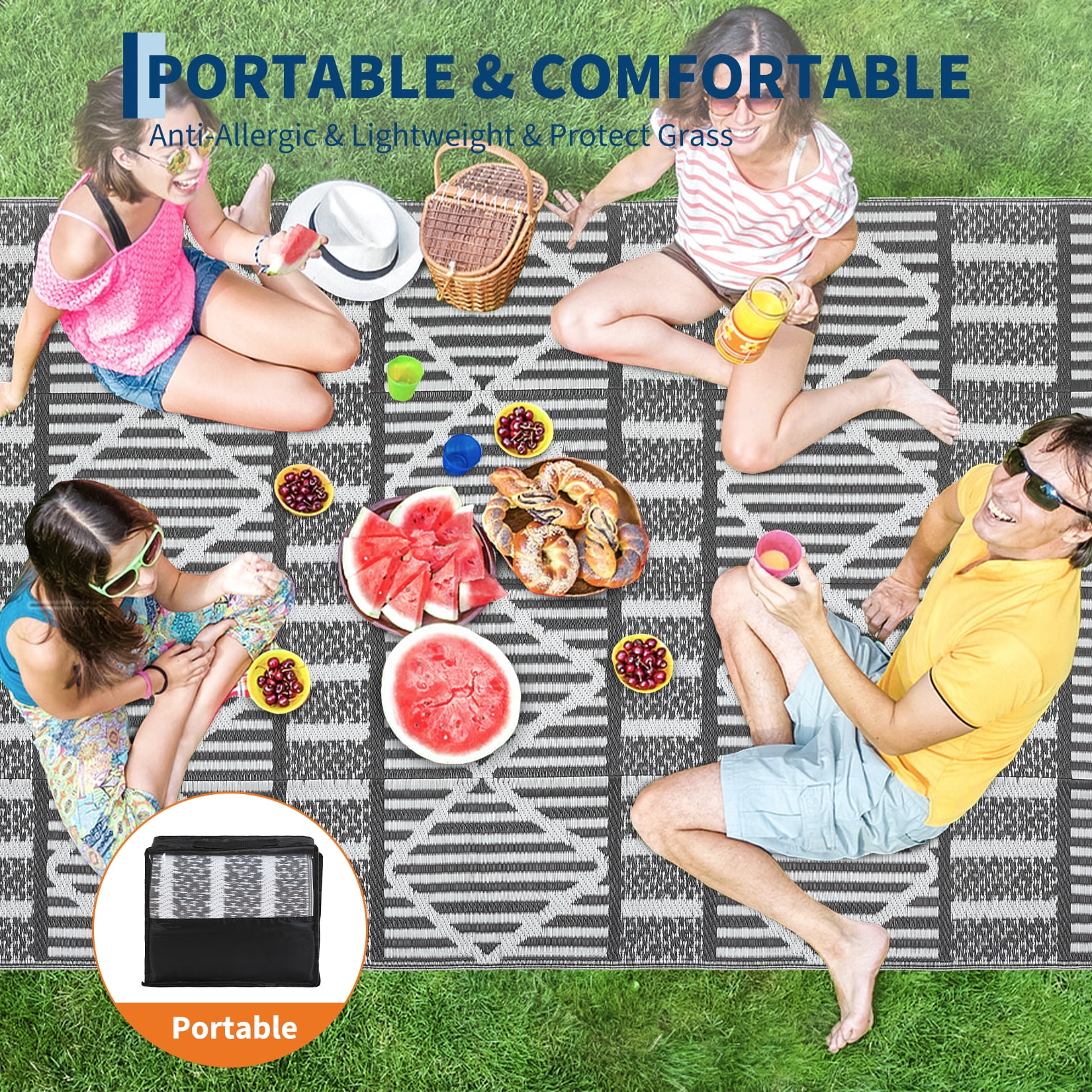 Garvee 8'x10' Outdoor Rug Waterproof Outdoor Patio Rug Mat, Reverisble Plastic Straw Outdoor Rug for RV Camping Picnic Beach Balcony, Gray and White
