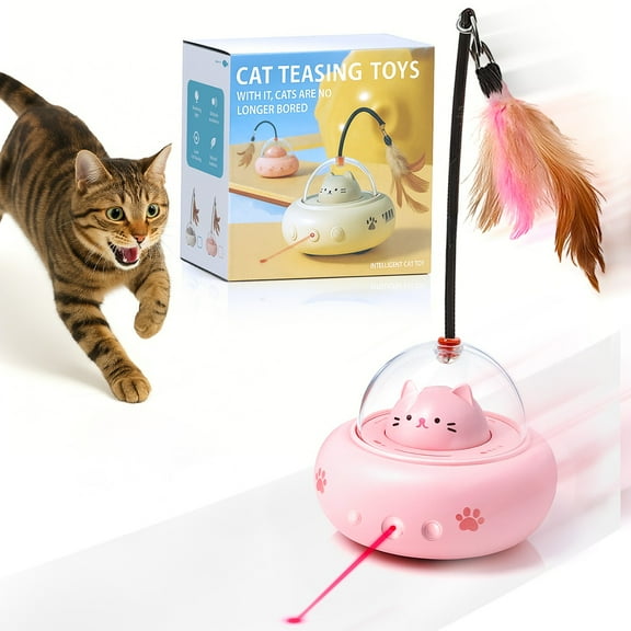 Smart Interactive Cat Toy, Automatic Self-Activating Moving Cat Toy with Feather, Lazer Light, and Energy-Saving Features – Perfect for Bored Cats, Fun Interactive Play (Beige)