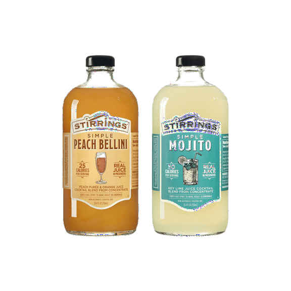 Stirrings Simple Peach Bellini & Simple Mojito Non-Alcoholic Cocktail Mix, Variety 2-Pack 25.4 fl. oz. (750ml) Bottles