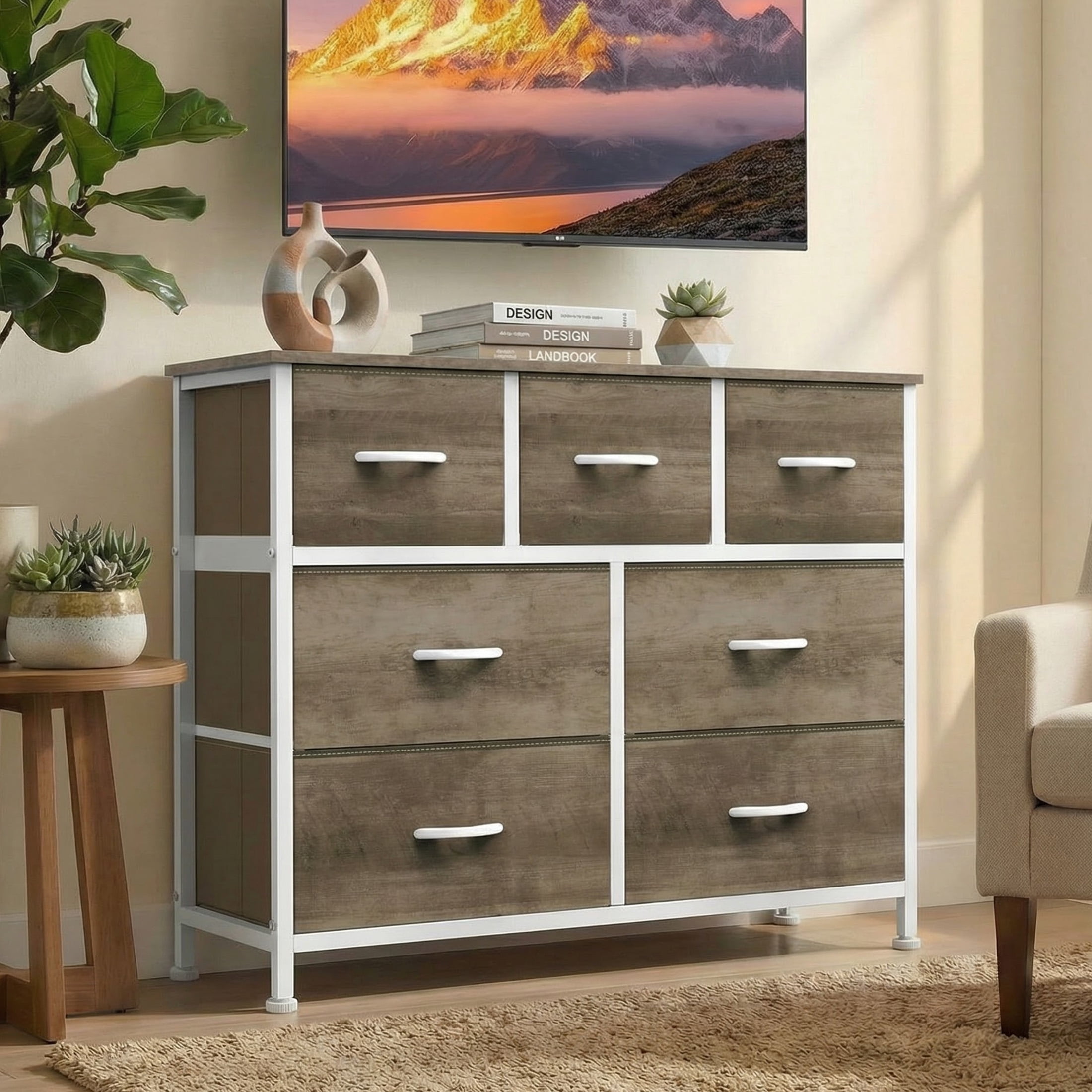 edx 7 Drawers Fabric Dresser for Bedroom, Drawer Organizer Storage Cabinet for Closet, Clothes, TV Stand, Oak