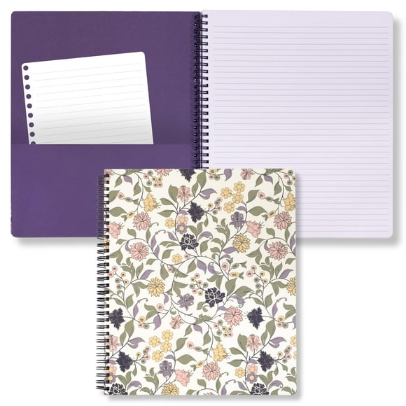 Steel Mill & Co Lindo Cuaderno Floral Grande En Espiral Con Rayas Universitarias, 11 X 9,5 Pulgadas, Tapa Dura Duradera Y 160 Páginas A Rayas, Color Morado