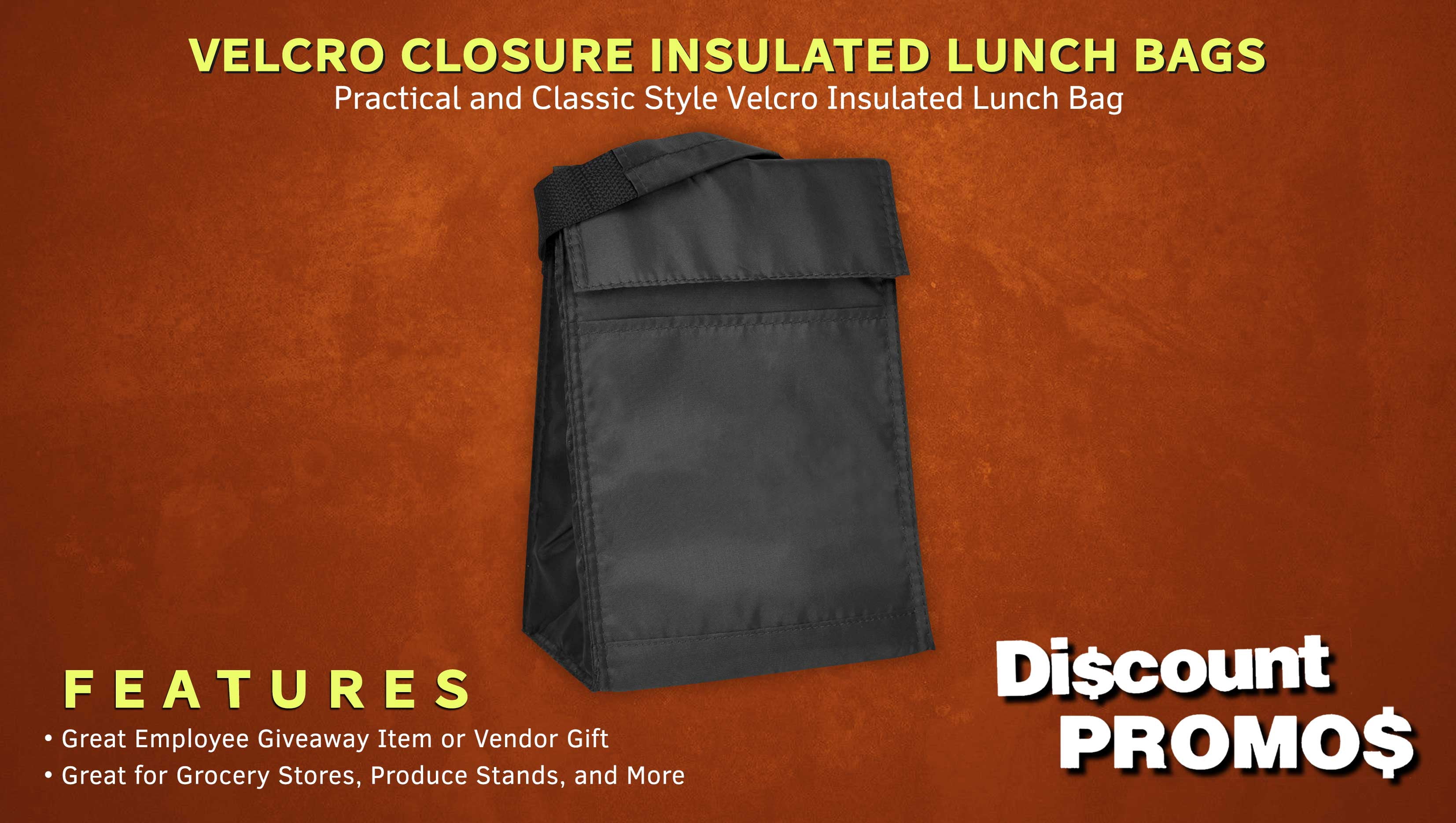 10 Hook and Loop Insulated Lunch Bags Set - Polyester, Durable, Vibrant, Reusable - Black