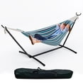 thumbnail image 1 of BeesClover Hamac Double Bleu avec Support, Hamac en Coton Portable Robuste de 450 Lb pour 2 Adultes, Ensemble de Hamacs Autoportant Intérieur Extérieur avec Support en Acier et Sac de Transport, 1 of 8