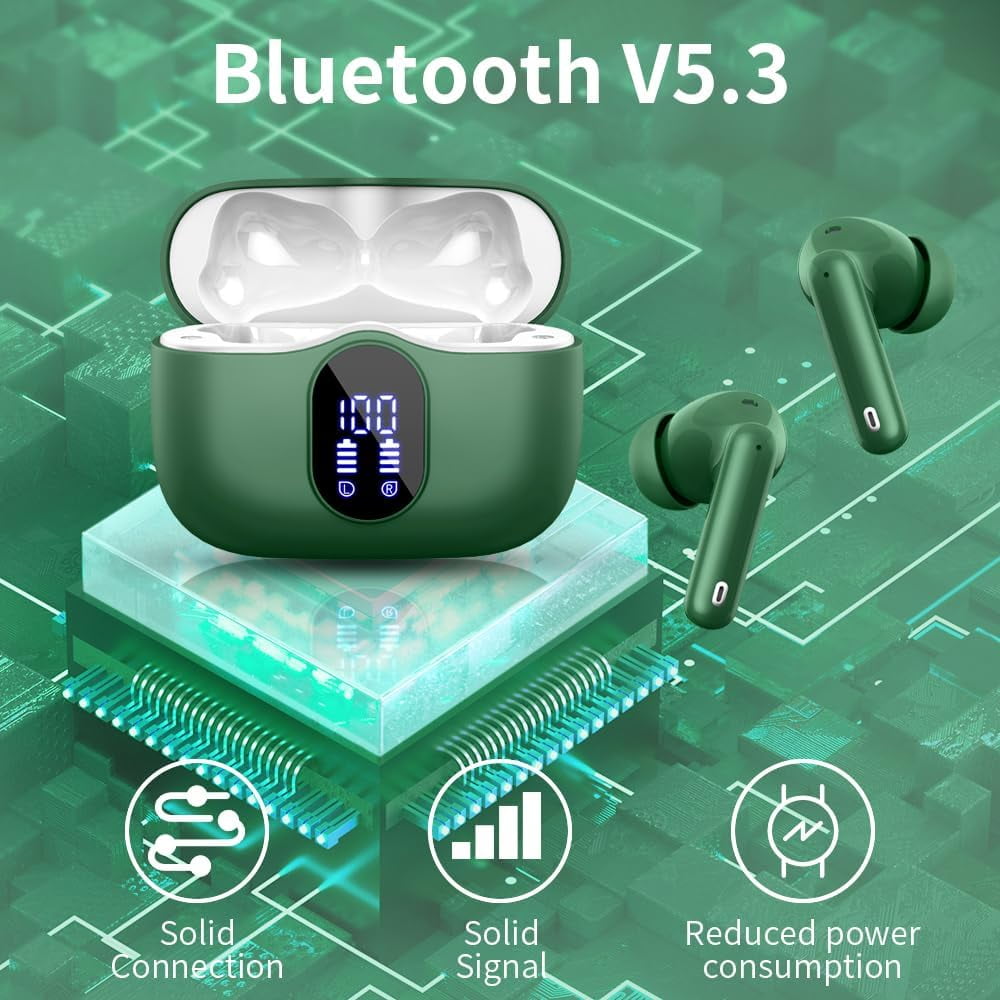 Wireless Earbuds, Bluetooth Headphones 5.4 HiFi Stereo, Wireless Earphones with ENC Noise Cancelling Mic, IP7 Waterproof in Ear Wireless Headphones, LED Digital Display Ear Buds, Touch Control, green