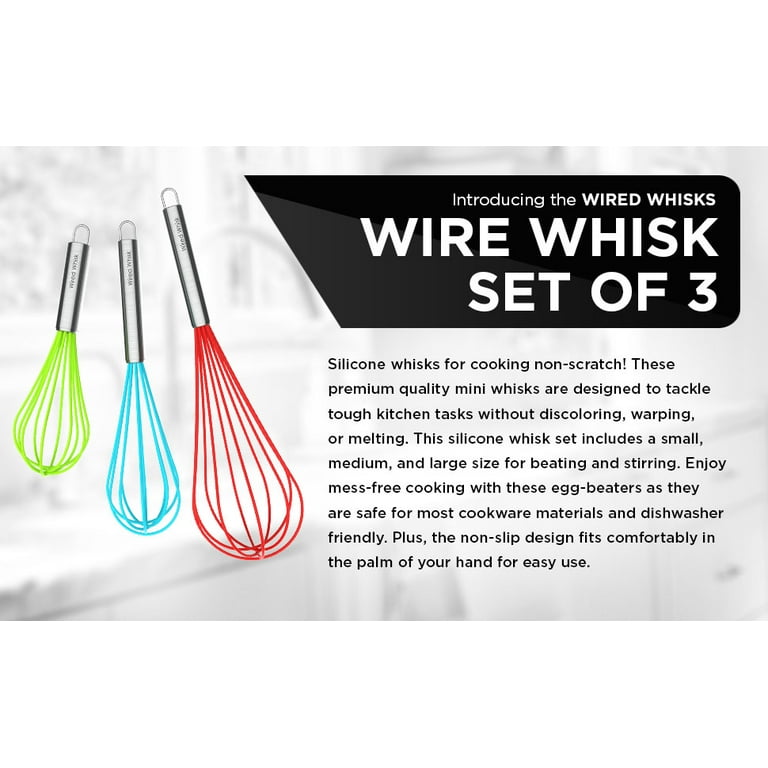  Flat Whisk Set,Stainless Steel 3 Pack 10+11+12 Premium  Sturdy-6 Silicone Heads Non Stick Wires Whisk For Blending Beating Stirring  Kitchen Cooking By Jell-Cell